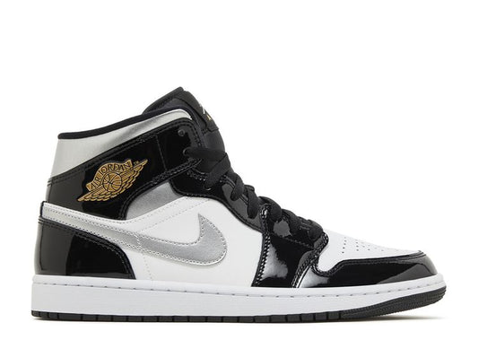 Nike Jordan 1 Mid Patent Black White Metallic Silver Metallic Gold